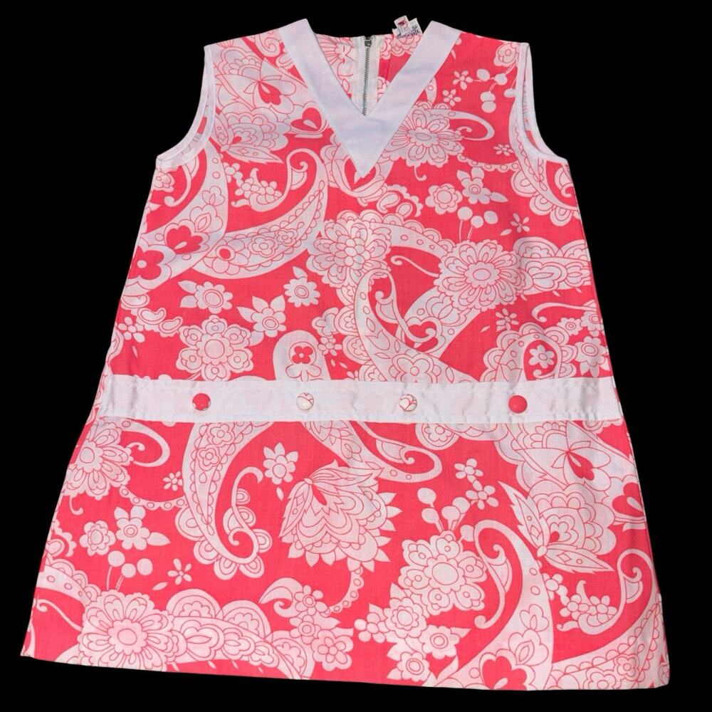 Vintage 70s Cuckoo Girls Dress Pink Paisley Mod Cotton Size 5 6 Deadstock
